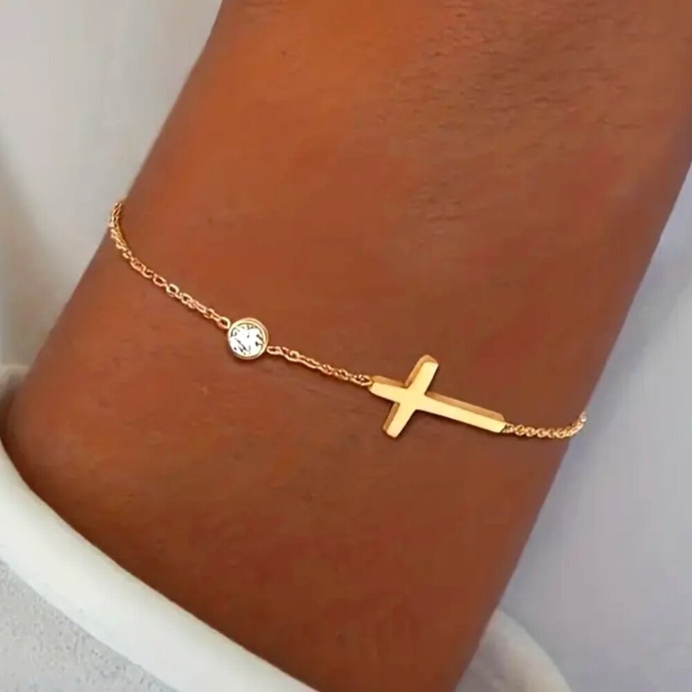 Callie Lives Christian Cross Stainless Steel Gold Tone Diamond Drop Bracelet